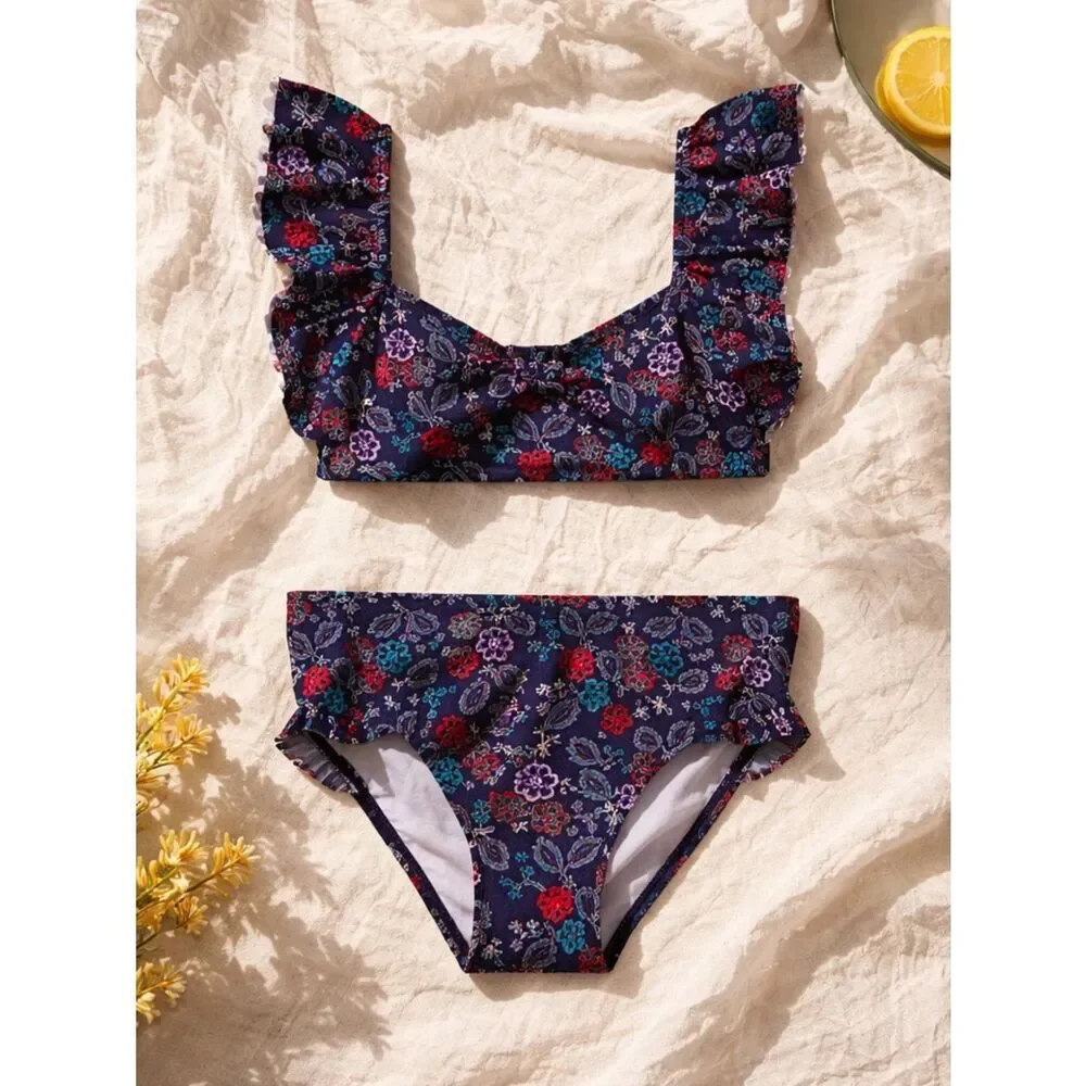 NWT Janie & Jack Baby Girl Two Piece Swimsuit Navy Ruffle Floral - Size 12-18M